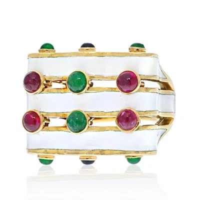Pre-owned David Webb White Enamel Wave With Rubies, Emeralds And Sapphires Ring