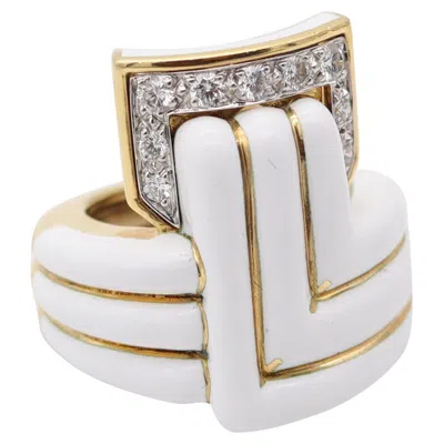 Pre-owned David Webb White Enameled Geometric Cocktail Ring With Vvs Diamonds