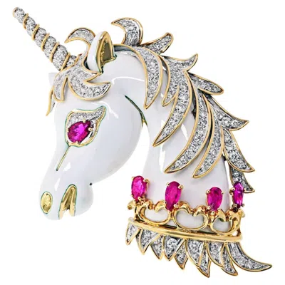 Pre-owned David Webb White Unicorn 18 Karat Yellow Gold Enamel, Diamonds, Rubies Brooch