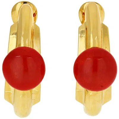 Pre-owned David Webb Yellow Gold 18 Karat Hoop Earrings With Coral Cabochons