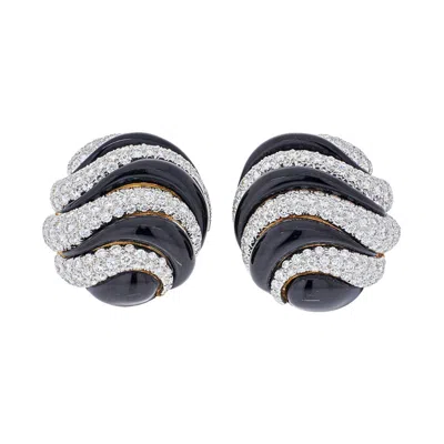 Pre-owned David Webb Yellow Gold And Platinum Black Enamel Diamond Stripe Earrings