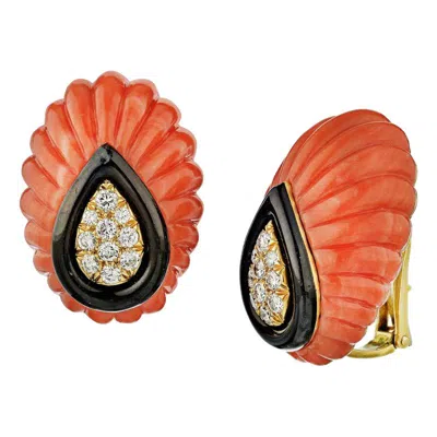 Pre-owned David Webb Yellow Gold Coral And Diamond Vintage Clip-on Earrings