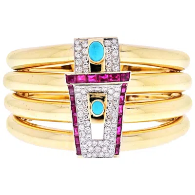 Pre-owned David Webb Yellow Gold Diamond, Ruby And Turquoise Cuff Bracelet