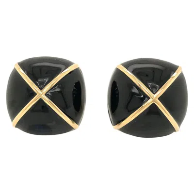 Pre-owned David Webb Yellow Gold Large Square Cushion Black Enamel Clip-on Earrings