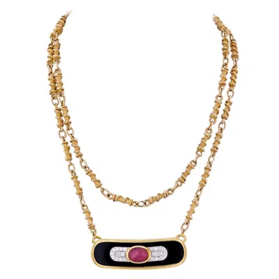 Pre-owned David Webb Yellow Gold Ruby, Diamond And Lacquer Pendant Necklace On Long Chain