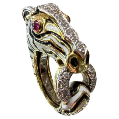 Pre-owned David Webb Zebra Ring, Diamond And Enamel 18k Yellow Gold Platinum