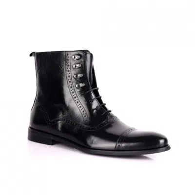 David Wej Men's Black Leather Lace Boots With Eyelets Brogue Details
