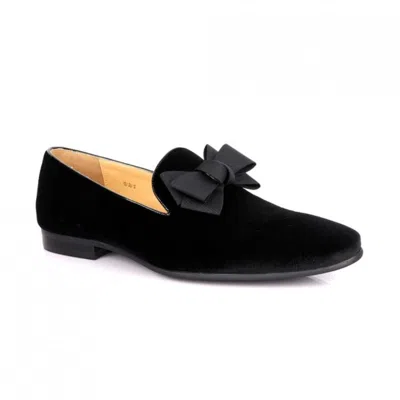 David Wej Men's Black Leather Velvet Bow Tie Loafers