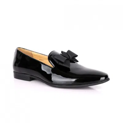 David Wej Men's Black Patent Leather Bow Tie Loafers