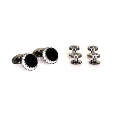 David Wej Men's Black / Silver Black Crystal Cufflinks & Stud Set