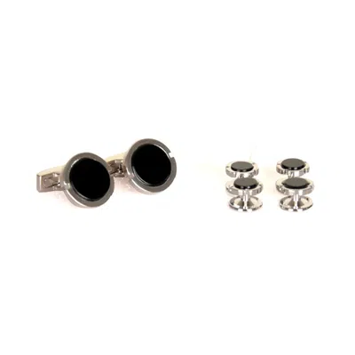 David Wej Men's Black / Silver Black Silver Round Cufflinks & Stud Set