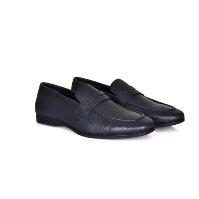 David Wej Men's Blue Lorenzo Grained Leather Loafers - Navy