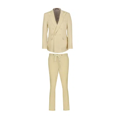 David Wej Men's Brown Hugo Linen Double Breasted Suit - Sand