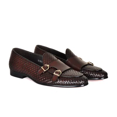 David Wej Men's Brown Lorenzo Woven Monk Strap Loafers - Coffee