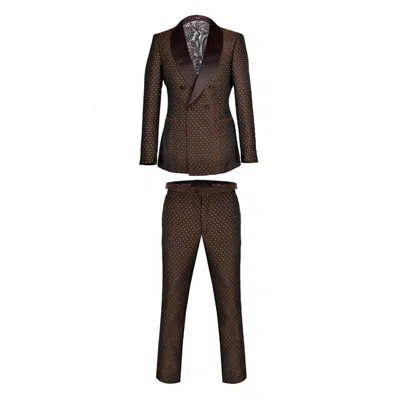 David Wej Men's  Signature Double Breasted Shawl Lapel Dotted Jacquard Tuxedo - Brown