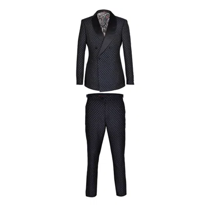 David Wej Men's  Signature Double Breasted Shawl Lapel Dotted Jacquard Tuxedo - Navy Blue