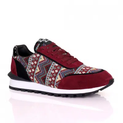 David Wej Men's Red Ethnic Print Smart Trainers – Wine