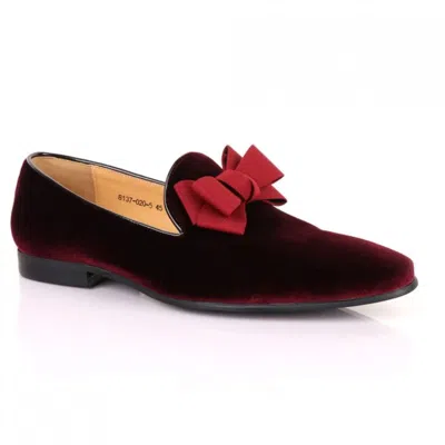 David Wej Men's Red Wine Leather Velvet Bow Tie Loafers