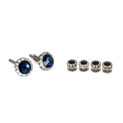 David Wej Men's Silver Blue Crystal Cufflinks & Studs Set