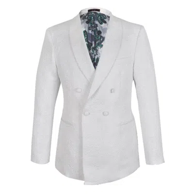 David Wej Men's White Kensington Double Breasted Shawl Lapel Jacquard Blazer - Ivory