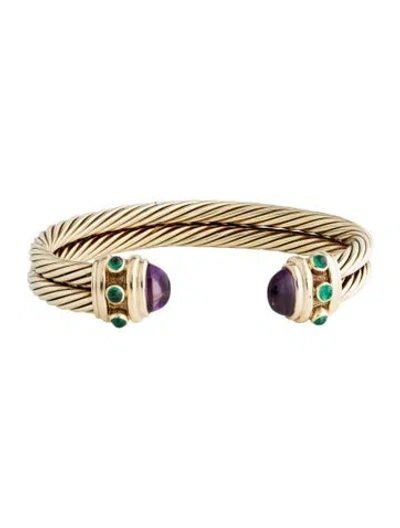 Pre-owned David Yurman 14k Amethyst & Emerald Double Cable Renaissance Cuff, 6.5" In Multi
