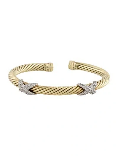 Pre-owned David Yurman 14k Diamond Double X Cable Cuff, 6.5" In Multi