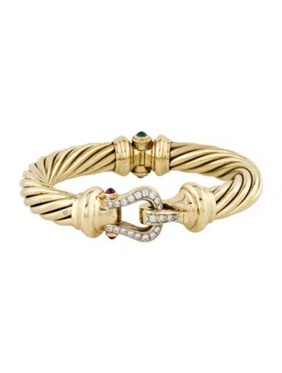 Pre-owned David Yurman 14k Diamond, Ruby & Emerald Buckle Cable Bracelet, 6.25" In Multi