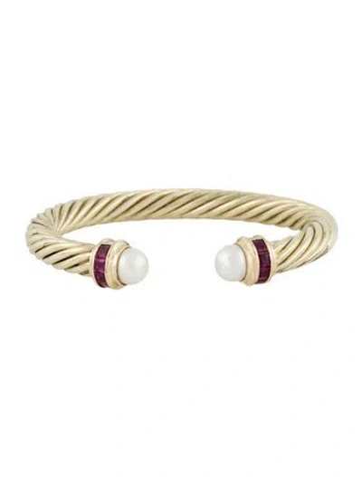 Pre-owned David Yurman 14k Pearl & Ruby Renaissance Bracelet, 6.25" In Multi