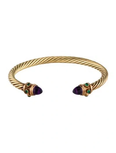 Pre-owned David Yurman 14k Vintage Amethyst & Emerald Renaissance Cable Cuff, 7" In Multi