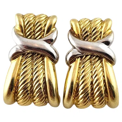 Pre-owned David Yurman 14k Yellow And White Gold Large Cable X Earrings Omega Backs #24484