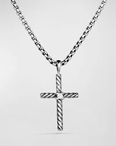 David Yurman 16" Cable Classics Cross With Diamond On Chain In Silver