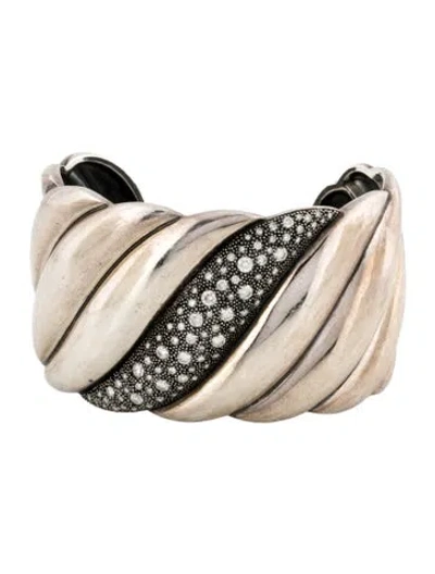 Pre-owned David Yurman 1.62ctw Diamond Midnight Melange Sculpted Cable Cuff Bracelet, 6.25" In Multi