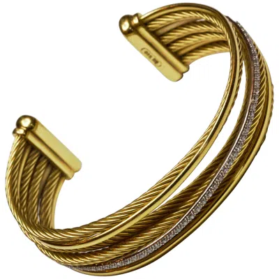 Pre-owned David Yurman 18 Carat Gold Platinum Crossover Cuff Diamond Bangle In Multi