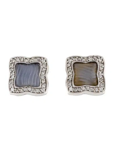 Pre-owned David Yurman 18k Chalcedony & Diamond Quatrefoil Stud Earrings In Multi