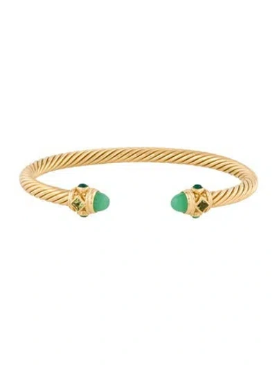 Pre-owned David Yurman 18k Chrysoprase, Dyed Chalcedony & Peridot Renaissance Cablespira Cuff Bracelet, 6.75" In Multi