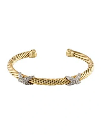 Pre-owned David Yurman 18k Diamond Double X Cablespira Station Cuff Bracelet, 6.75" In Multi