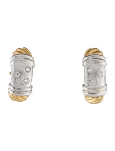 Pre-owned David Yurman 18k Diamond Two-tone Metro Cable Earclips In Multi