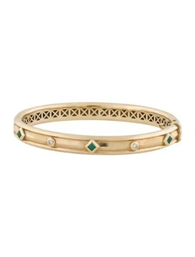 Pre-owned David Yurman 18k Emerald & Diamond Hinged Bangle, 6.5" In Multi