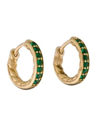 Pre-owned David Yurman 18k Emerald Petite Pave Huggie Hoop Earrings In Multi