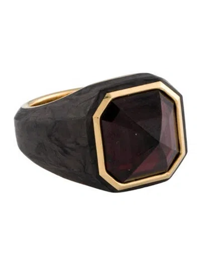 Pre-owned David Yurman 18k Forged Carbon & Garnet Hexagonal Signet Ring In Multi