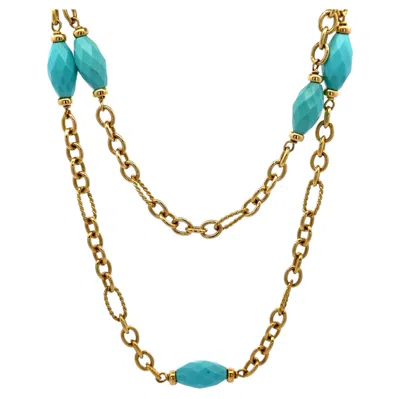 Pre-owned David Yurman 18k Gold Twisted Cable & Plain Link Turquoise Station Necklace In Multiple