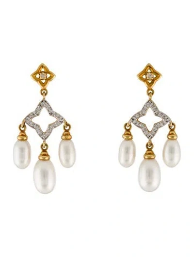 Pre-owned David Yurman 18k Pearl & Diamond Quatrefoil Chandelier Earrings In Multi