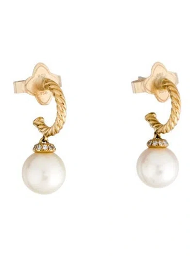 Pre-owned David Yurman 18k Pearl & Diamond Solari Hoop Drop Earrings In Multi