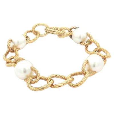 Pre-owned David Yurman 18k Yellow Gold 11.25-11.38mm Pearl Station Cable Design Bracelet
