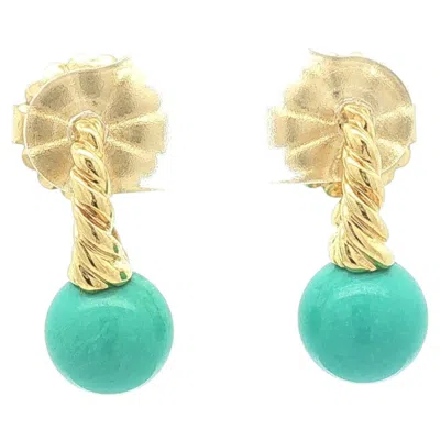 Pre-owned David Yurman 18k Yellow Gold Bead Turquoise Twisted Cable Cuff Drop Earrings
