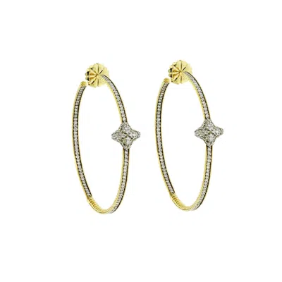 Pre-owned David Yurman 18k Yellow Gold Diamond Quatrefoil Extra Large Hoop Earrings