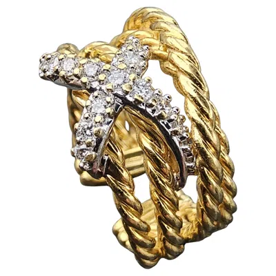 Pre-owned David Yurman 18k Yellow Gold X Diamond Crossover Ring Band Sz 6 10.8g Open Shank