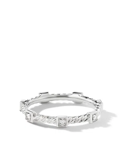 David Yurman 18kt White Gold Cable Stack Diamond Band Ring In Silver