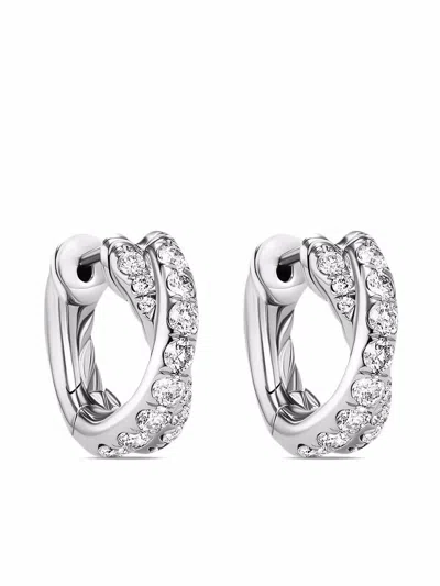 David Yurman 18kt White Gold Crossover Diamond Hoop Earrings In Silver