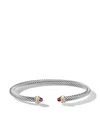 David Yurman Sterling Silver 4mm Cable 18kt Yellow Gold And Garnet Cuff In Silver